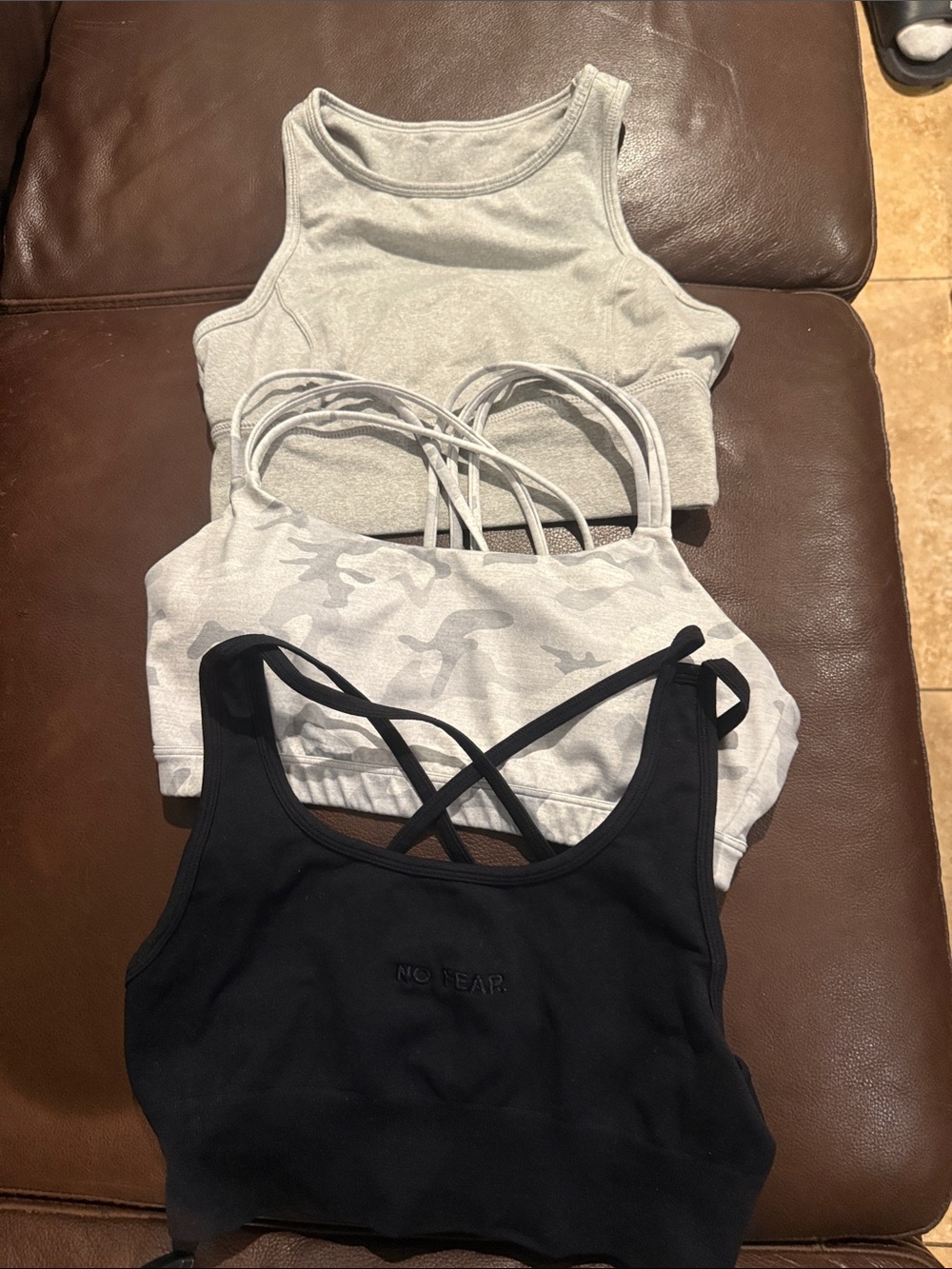GAP Women's Sports Bra Bundle - Black, Light Gray, Gray Camo 4for 18$
